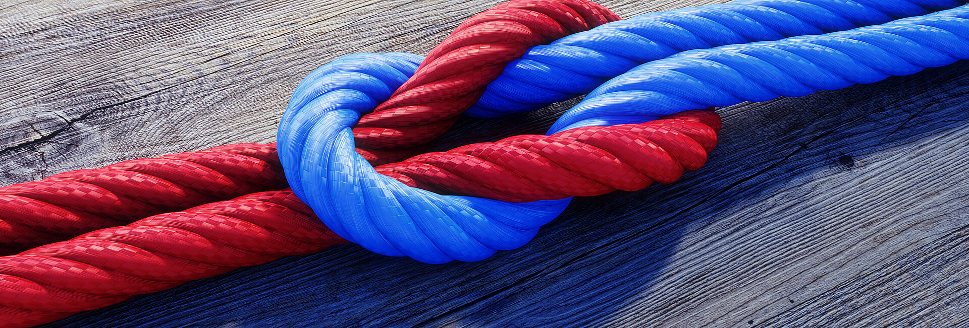 Kreuzknoten mit rotem und blauem Seil auf Holz 