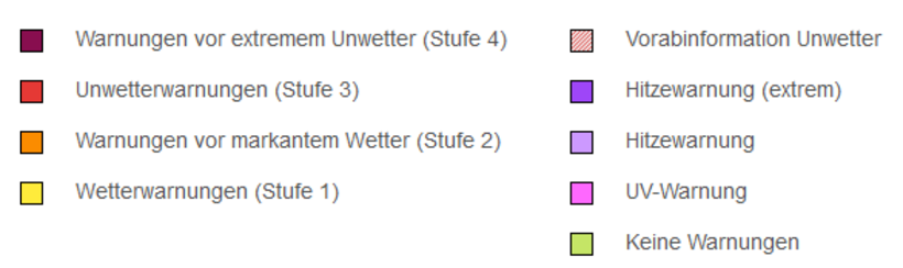 Legende Hitzewarnung des Deutschen Wetterdienstes Dunkelrot Warnungen vor extremem Unwetter (Stufe 4) Rot Unwetterwarnungen (Stufe 3) Orange Warnungen vor markantem Wetter (Stufe 2) Gelb Wetterwarnungen (Stufe 1) Rot schraffiert Vorabinformation Unwetter Lila Hitzewarnung (extrem) Flieder Hitzewarnung Pink UV-Warnung Grün Keine Warnungen