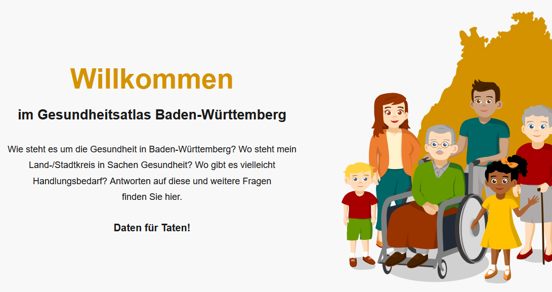 Begrüßungstext zum Gesundheitsaltlas. Daneben Familie mit drei Generationen. Zwei Kinder, Vater und Mutter, Grußvater sitzt im Rollstuhl, großmutter hat einen Gehstock